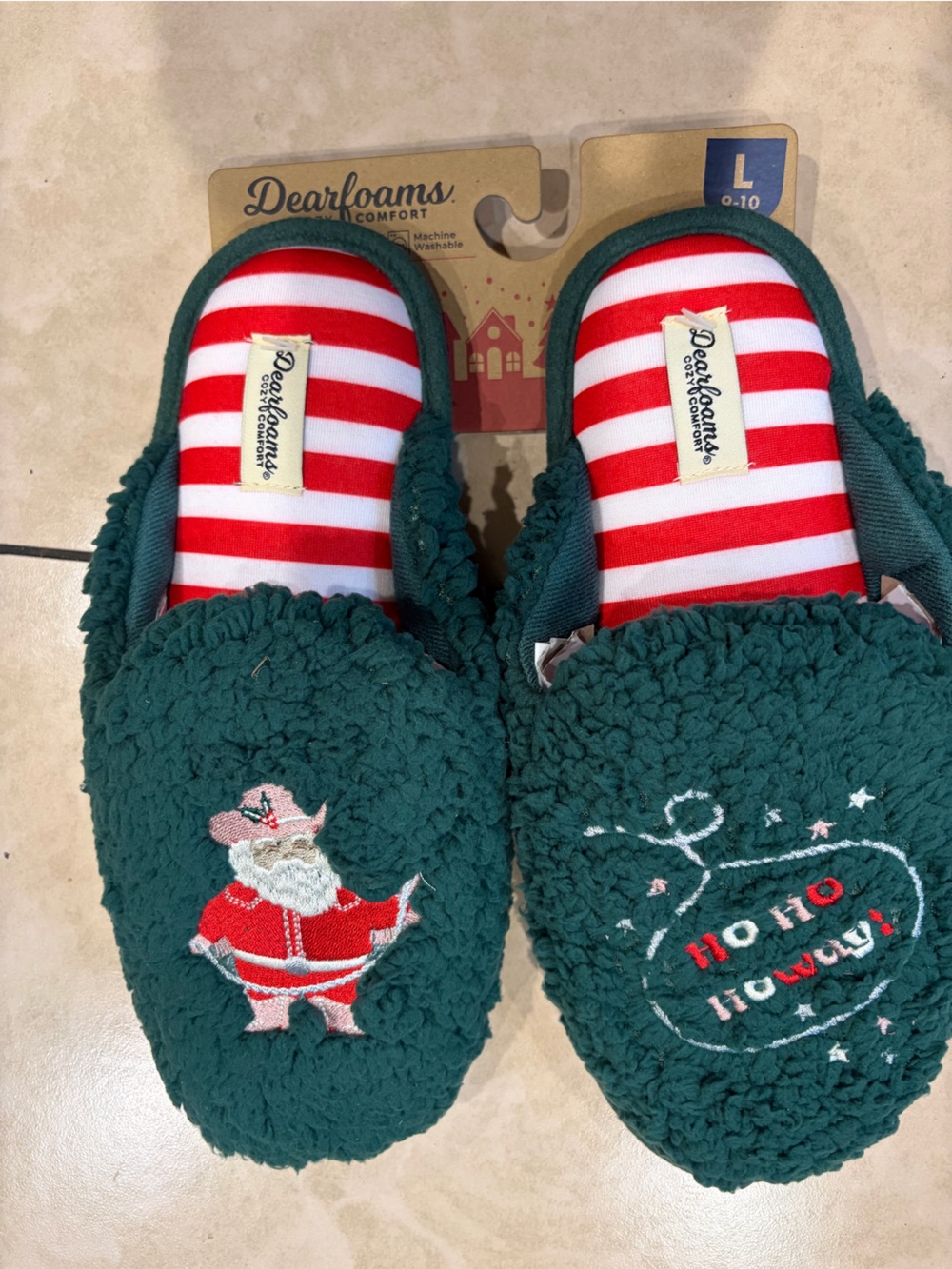 dearfoams Green Santa 'Ho Ho Ho' Plush Slip-On Slippers